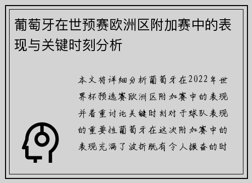 葡萄牙在世预赛欧洲区附加赛中的表现与关键时刻分析