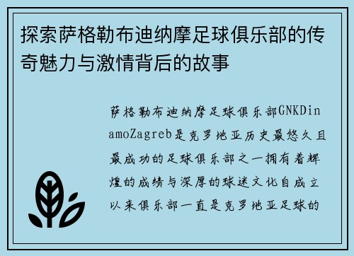 探索萨格勒布迪纳摩足球俱乐部的传奇魅力与激情背后的故事